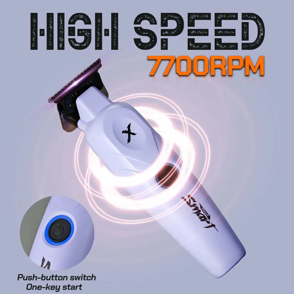 A white hair grooming device is shown with a glowing effect, next to a circular component and text indicating high speed 7700