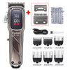 A professional cordless hair clipper with an LED display and various interchangeable blades shown alongside the device.