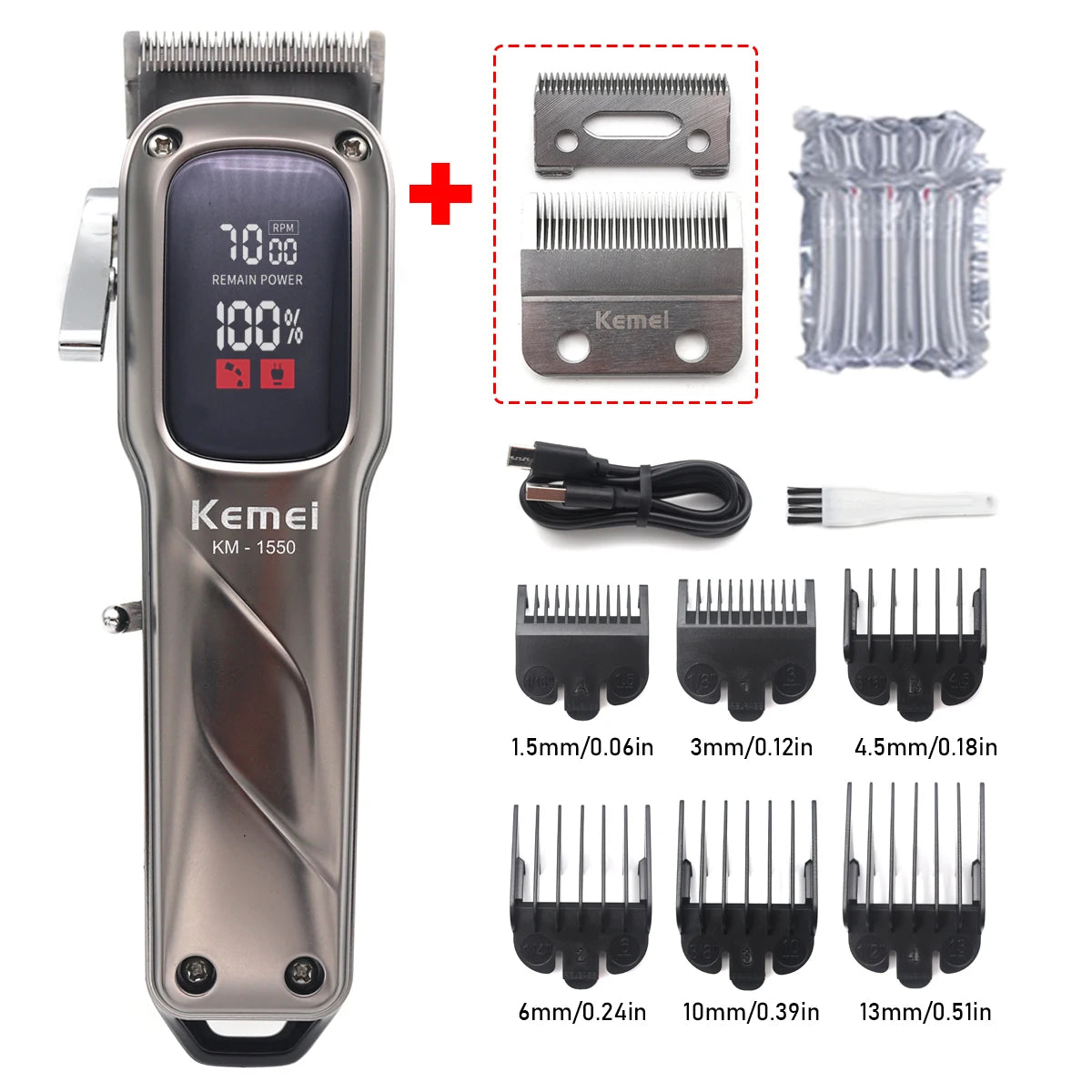 A professional cordless hair clipper with an LED display and various interchangeable blades shown alongside the device.