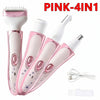 Pink 4-in-1 electric body hair remover and epilator with multiple attachments and a charging cable
