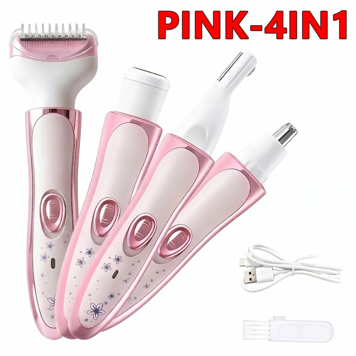 Pink 4-in-1 electric body hair remover and epilator with multiple attachments and a charging cable