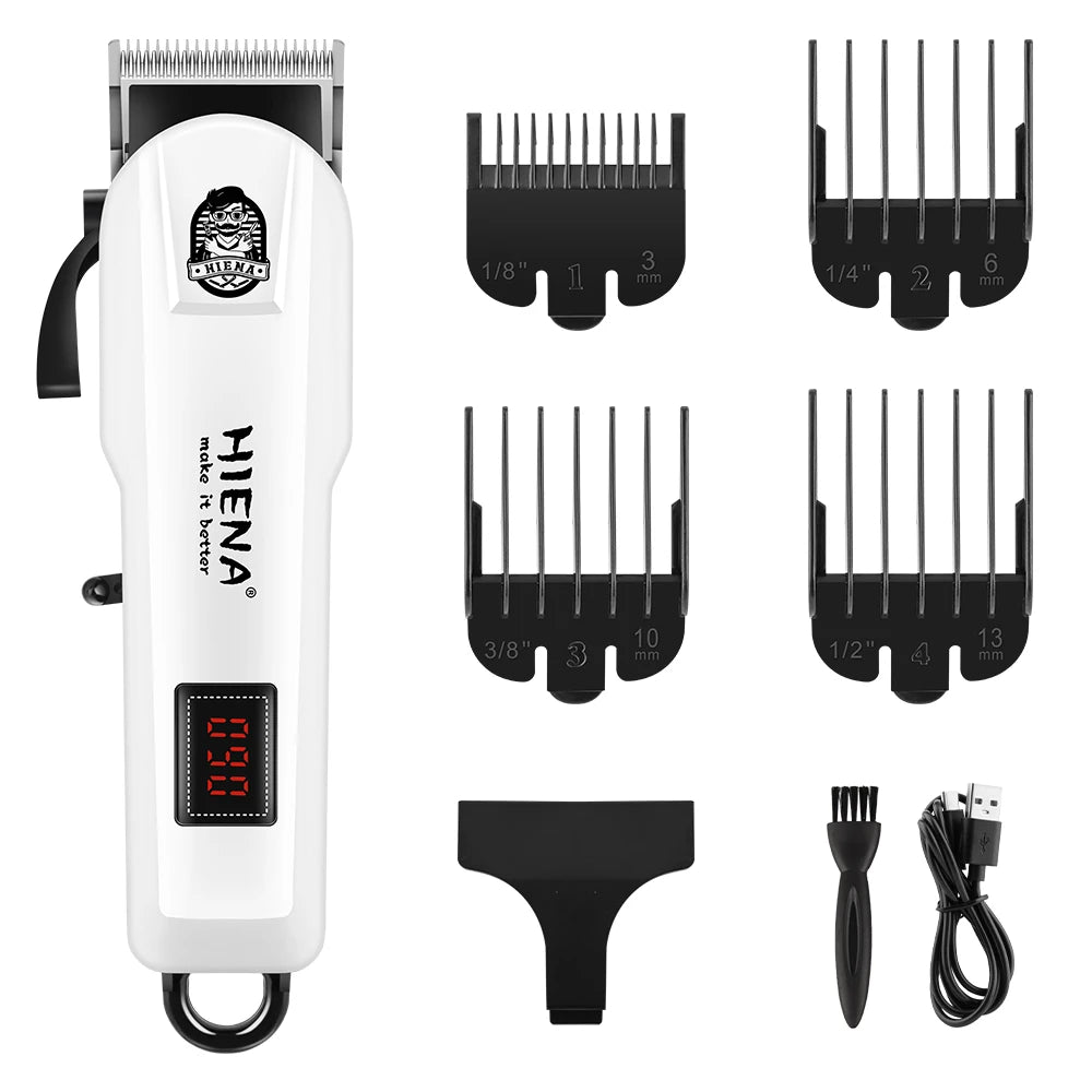 A white professional rechargeable hair clipper trimmer with various attachments and a charging cable.