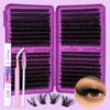 A purple DIY lash extension kit with black lashes and a pink tool is shown next to loose lashes.