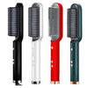 Three versions of a dual-purpose heated straightening and curling comb in black, white, and red.