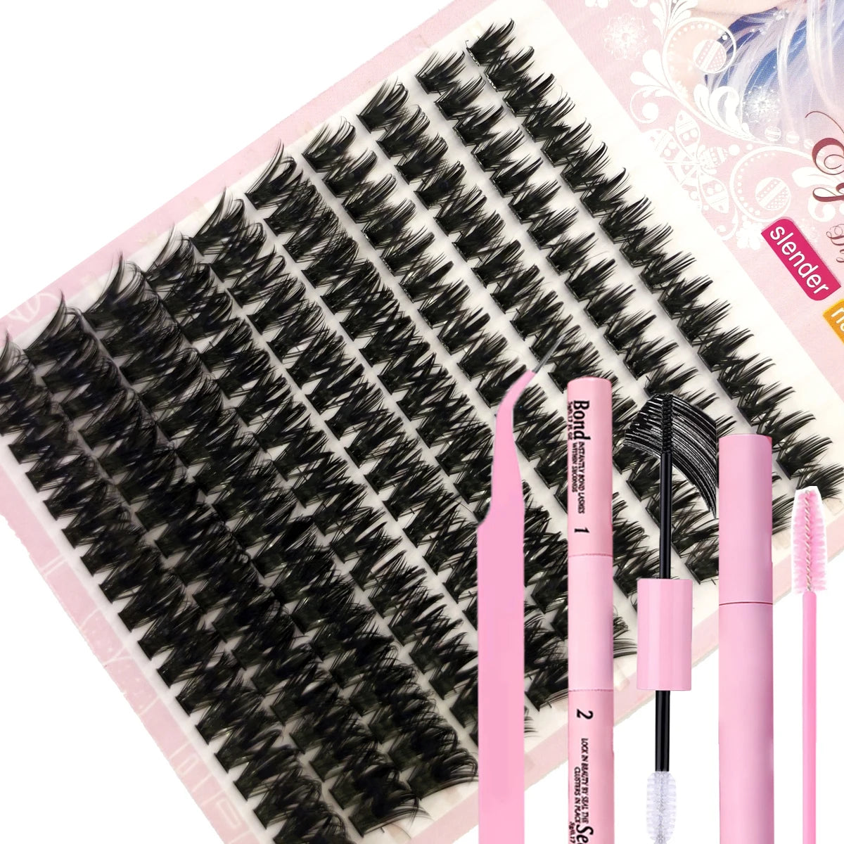 A pink DIY lash extension kit with black false lashes displayed on a sheet.