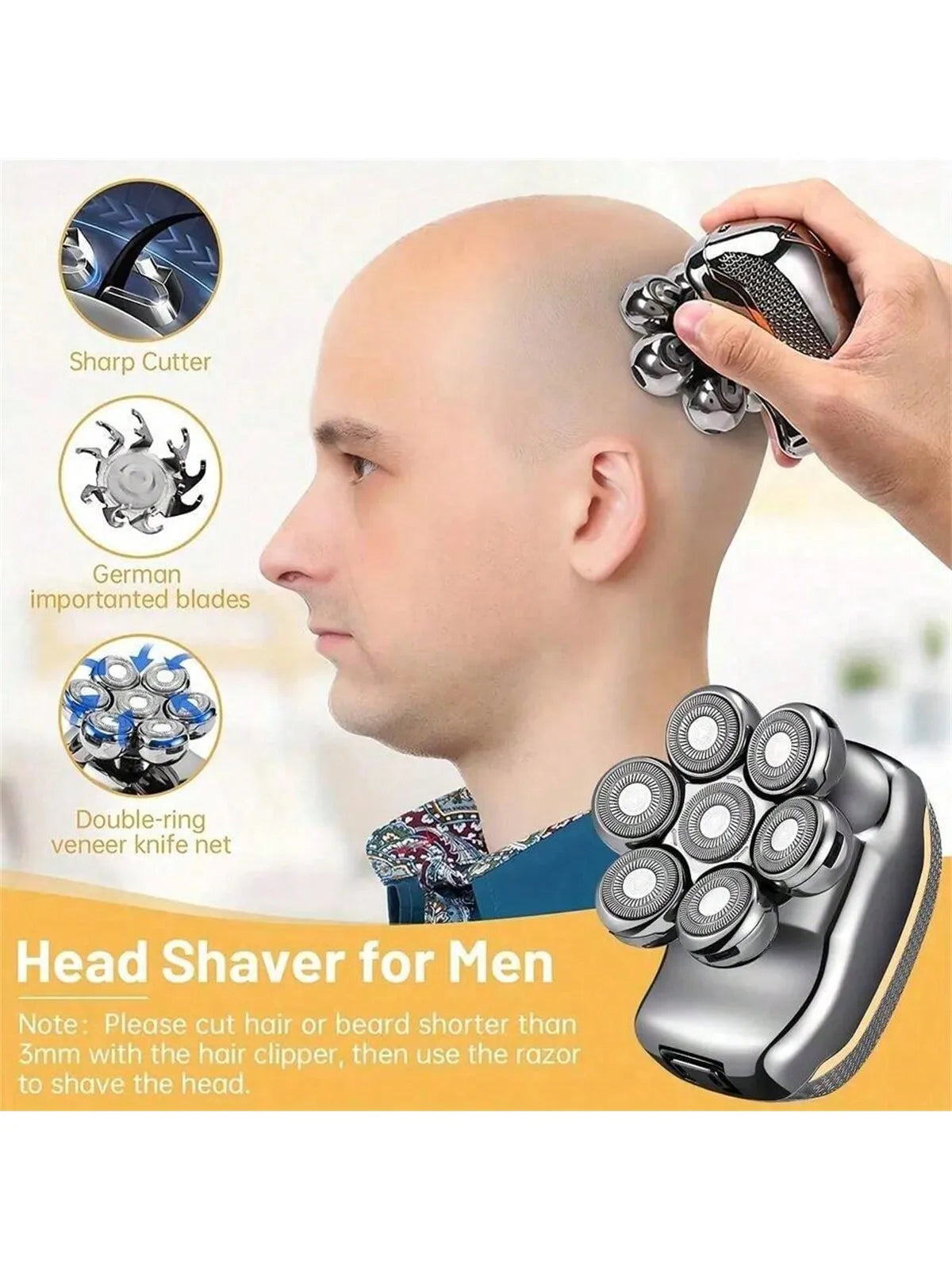 A man is using a professional electric double-blade hair shaver on his head, with diagrams showing the sharp cutter and Germa