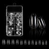A clear plastic case holds 120 frosted French false nails with a natural finish displayed in a row.