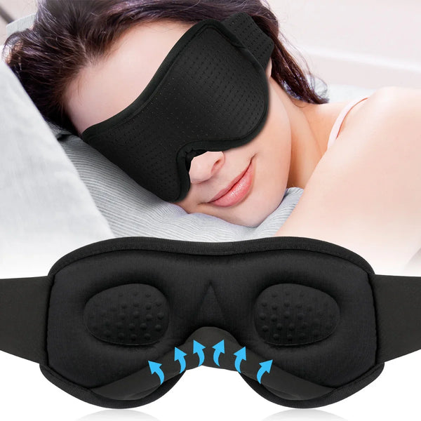 A black 3D ergonomic sleeping mask is shown being worn by a woman to block light while sleeping.