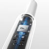 A white ultrasonic cleaning tool with a chip detects teeth and activates cleaning, shown next to a close-up of it touching gu