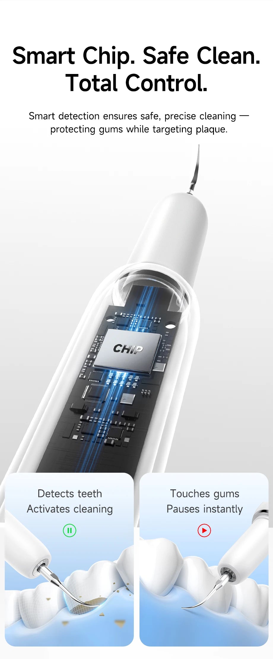 A white ultrasonic cleaning tool with a chip detects teeth and activates cleaning, shown next to a close-up of it touching gu