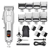 A set of professional cordless hair clipper and trimmer tools including various guards and attachments.