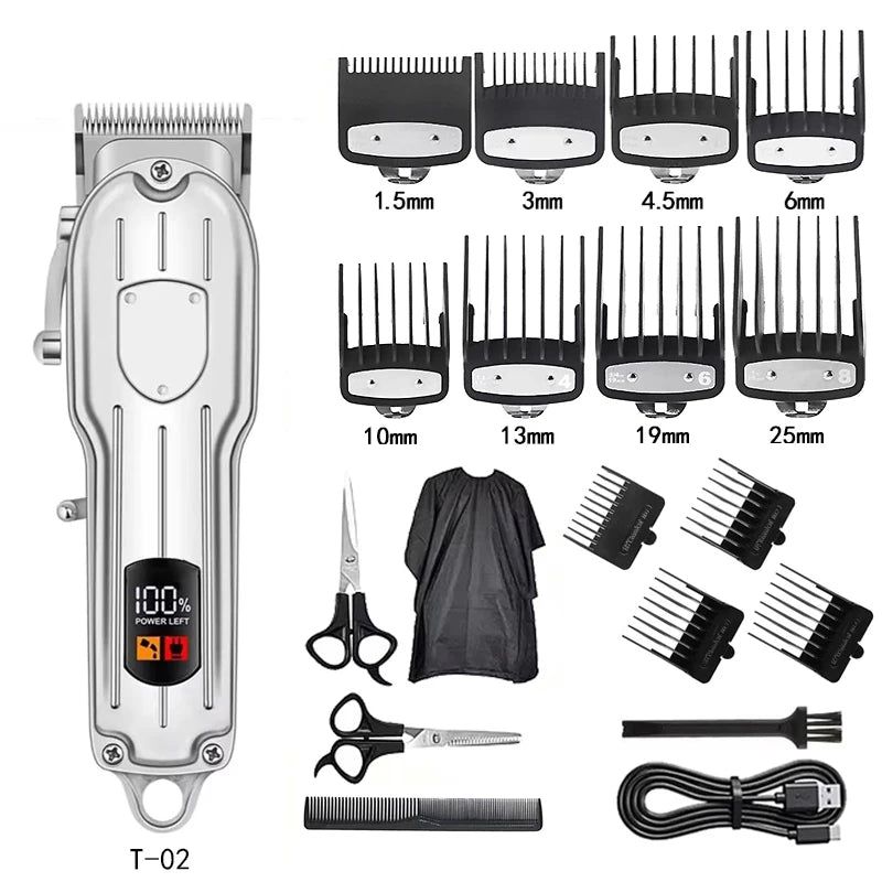 A set of professional cordless hair clipper and trimmer tools including various guards and attachments.