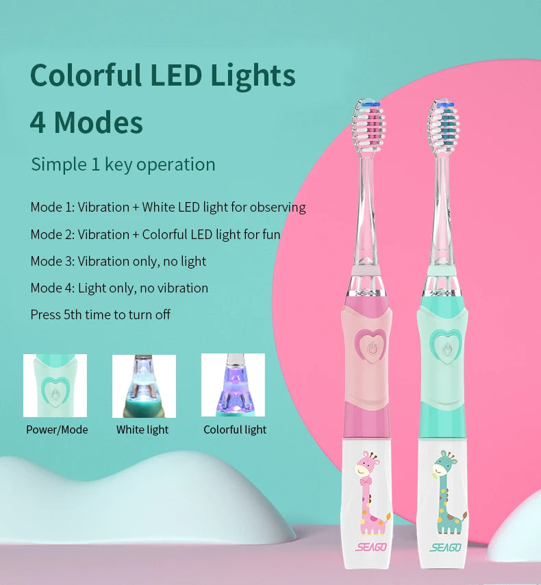 A pink and green electric toothbrush with LED light features four modes including vibration and light options.