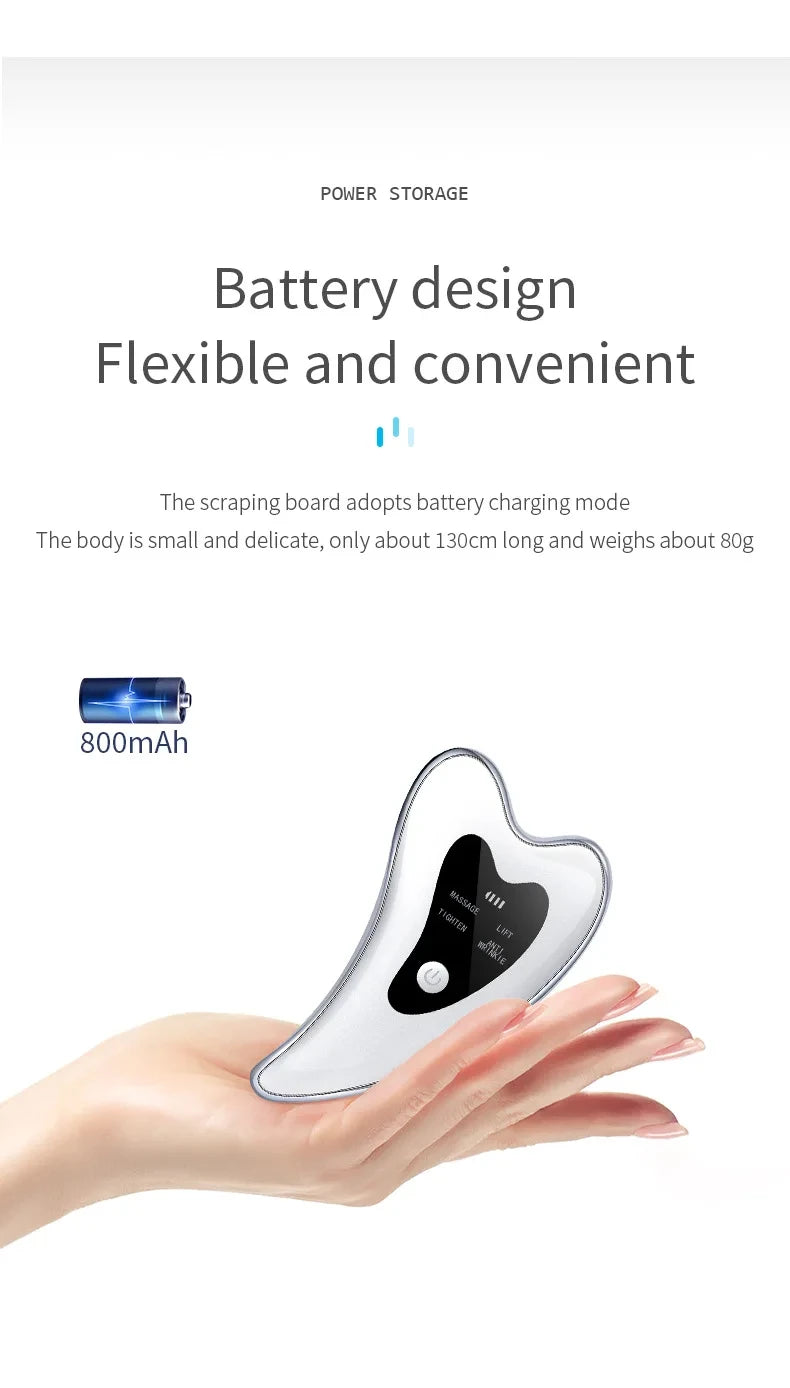A hand holds a small, white microcurrent facial massager device designed for skin lifting.