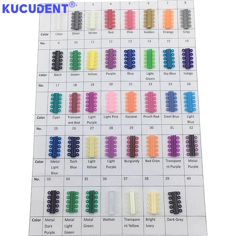 A grid showing various colors of orthodontic elastic ligature ties for braces, including black, silver, white, red, pink, and