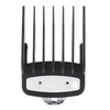 A black precision hair clipper guide comb set with four teeth and a white base.