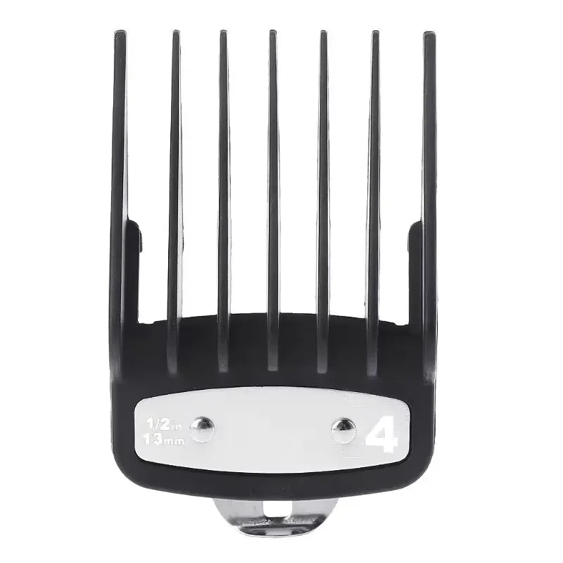A black precision hair clipper guide comb set with four teeth and a white base.