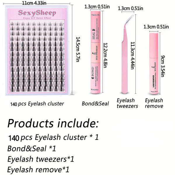 A kit for DIY natural eyelash extension featuring an eyelash cluster, bond and seal, tweezers, and remover.