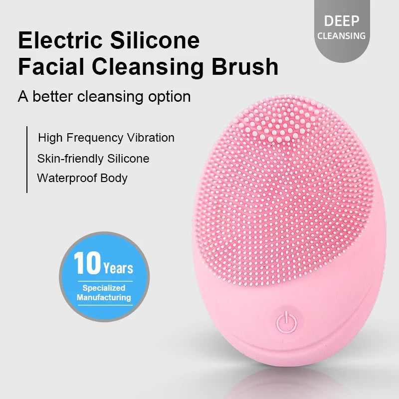 A pink electric silicone facial cleansing brush with high frequency vibration features.