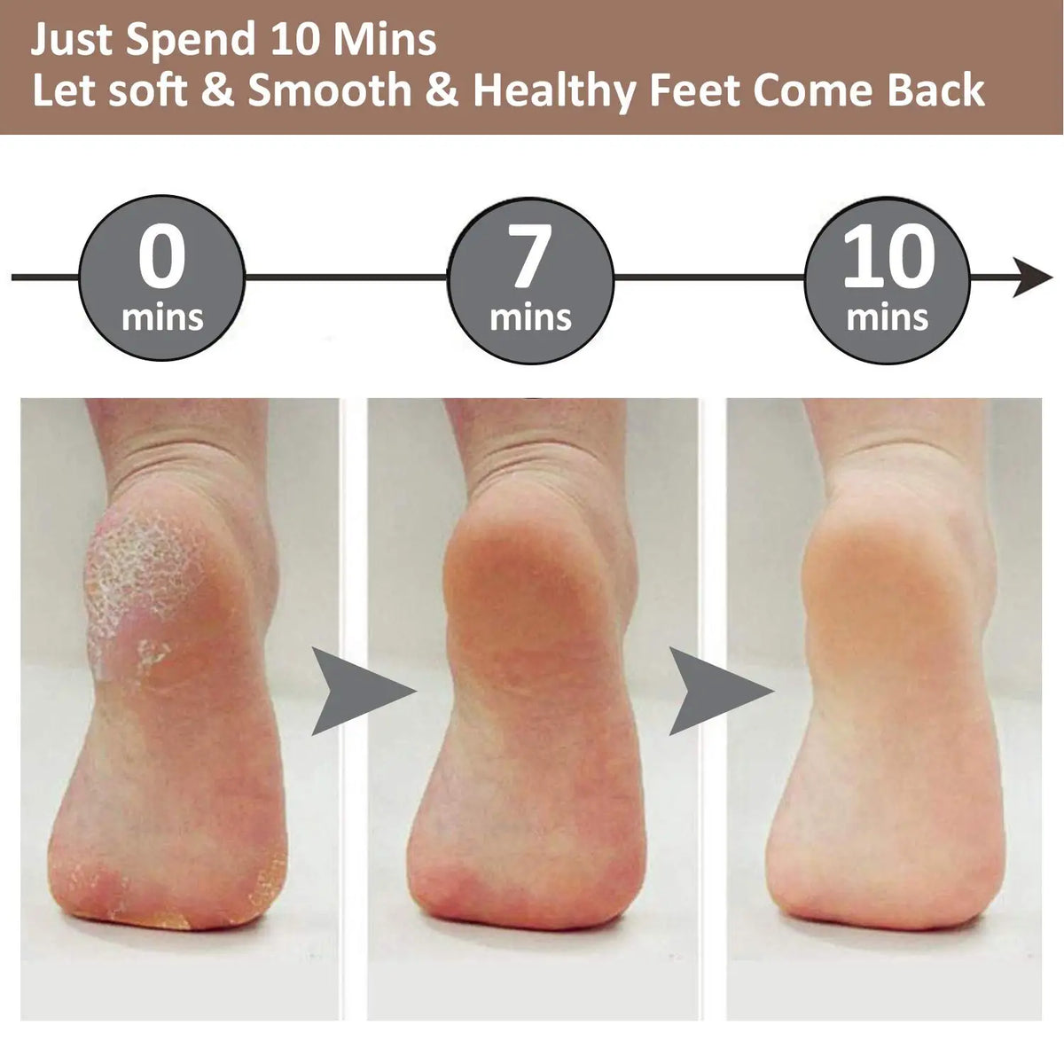Trois images montrant l'utilisation d'un fichier de pied pour des pieds doux, lisses et sains sur 10 minutes.