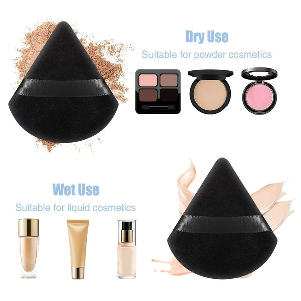 A black triangle powder puff is shown with examples of dry and wet use for cosmetics.