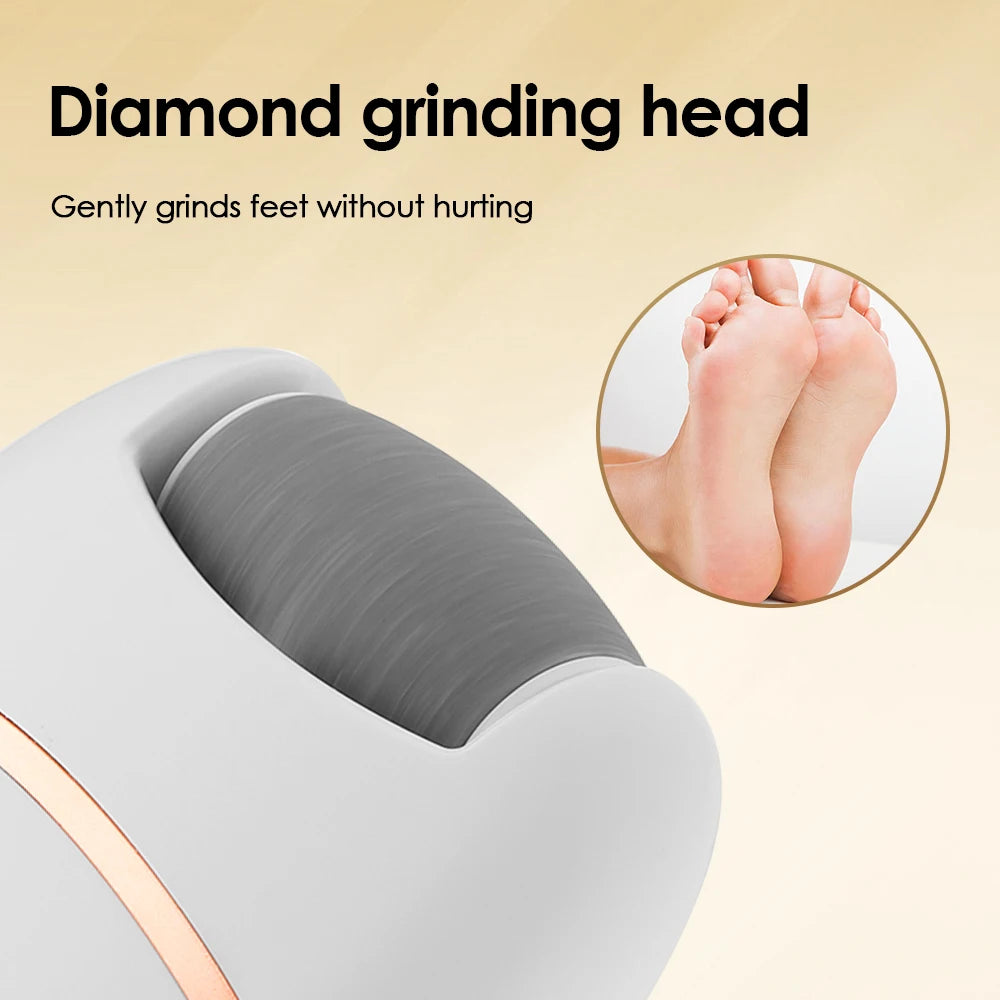 Close-up of a diamond grinding head on a white electric foot file callus remover device.
