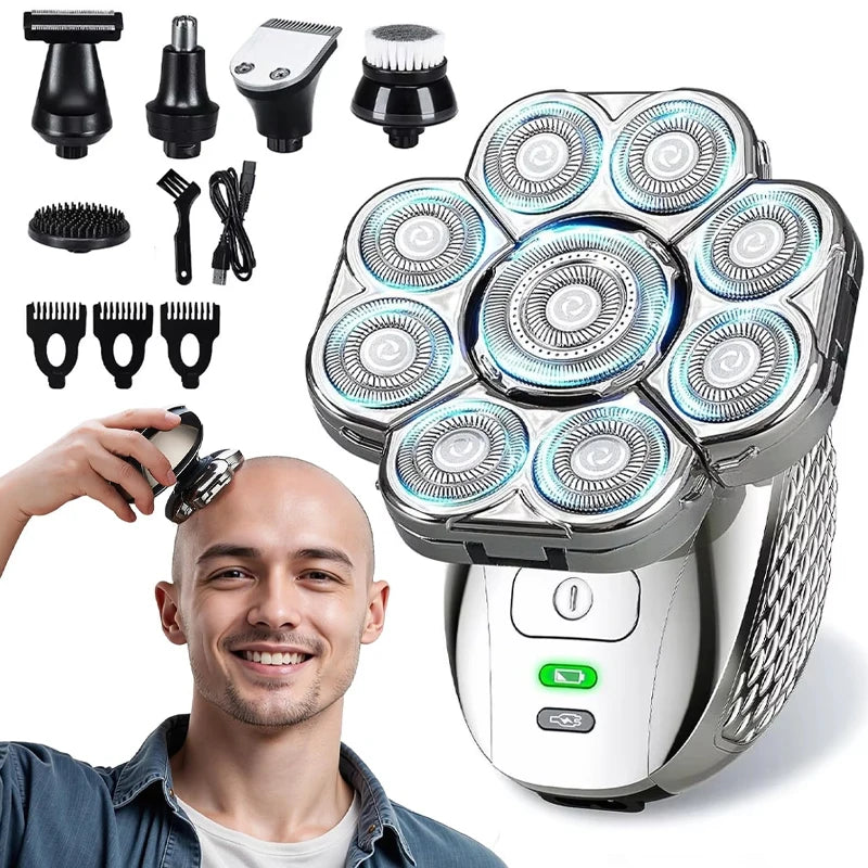 A man is shown next to a 9-in-1 electric head shaver for men with multiple attachments.