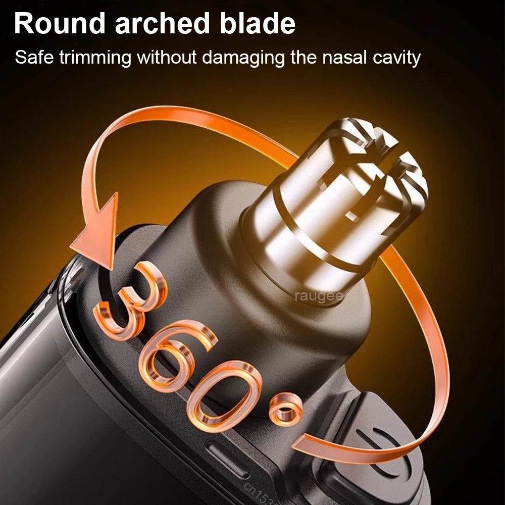 Close-up of a black portable nose hair trimmer with an orange rotating blade, demonstrating safe trimming.