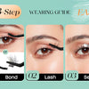 A 3-step wearing guide showing how to bond, lash, and seal 3D wispy eyelash clusters for DIY extensions.