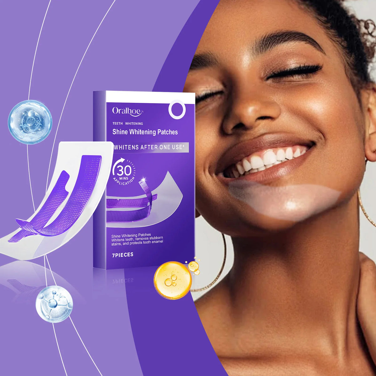 A woman smiling with teeth whitening patches applied to her smile.