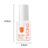 A white nail glue bottle with a white cap and orange label showing the product details.