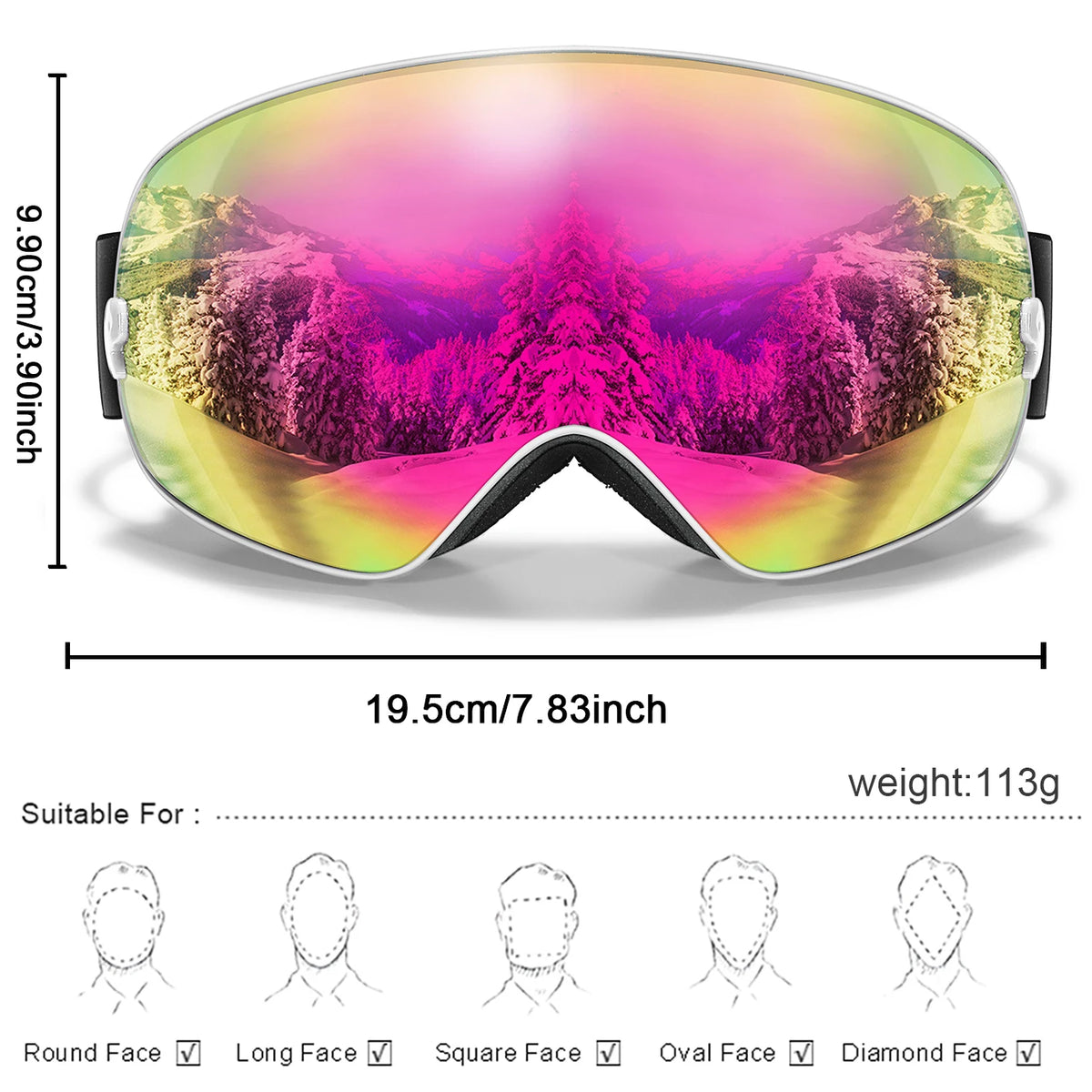 A pair of pink mirrored sports goggles shown with various face shapes indicated below.