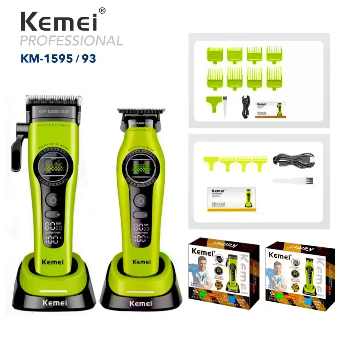 A set of Kemel KM-1595/93 professional electric hair clippers in lime green and black.