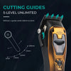 Close-up of a gold and black electric hair clipper with cutting guides for various lengths.