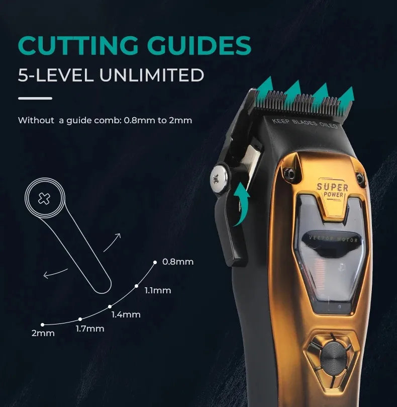 Close-up of a gold and black electric hair clipper with cutting guides for various lengths.