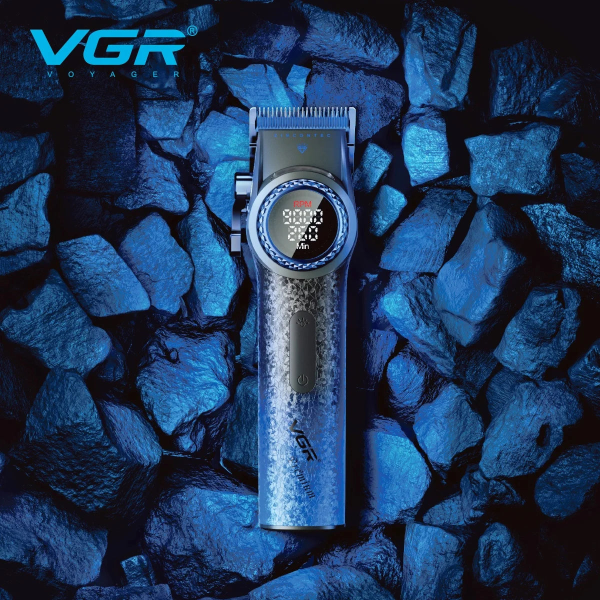 A VGR Voyager professional rotary hair trimmer in a silver finish is displayed against a dark, textured background.