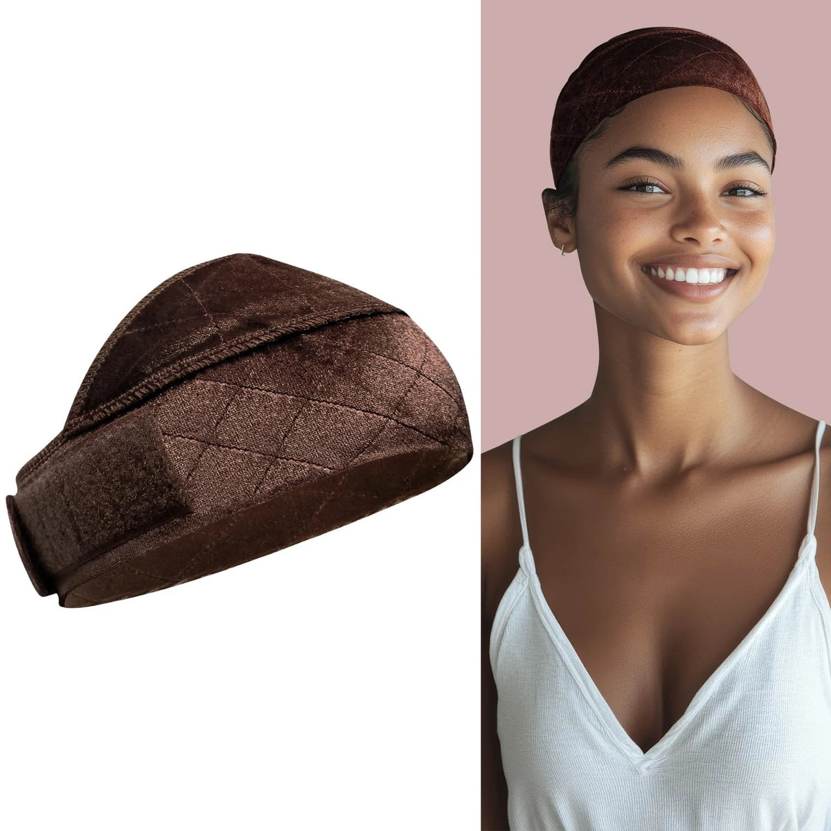 Grip band en velours brun foncé pour faux fronts, porté par une femme souriante.