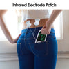 A person is applying an infrared electrode patch to their abdomen while holding a smartphone with a device.