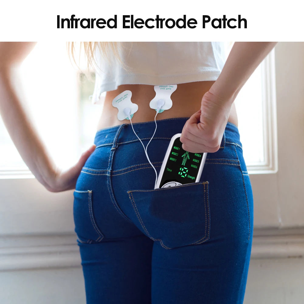 A person is applying an infrared electrode patch to their abdomen while holding a smartphone with a device.