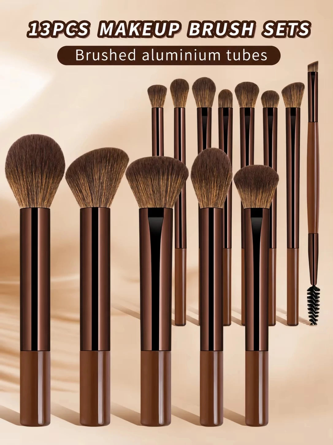 A collection of 13 pieces of brushed aluminum makeup brush sets displayed vertically.
