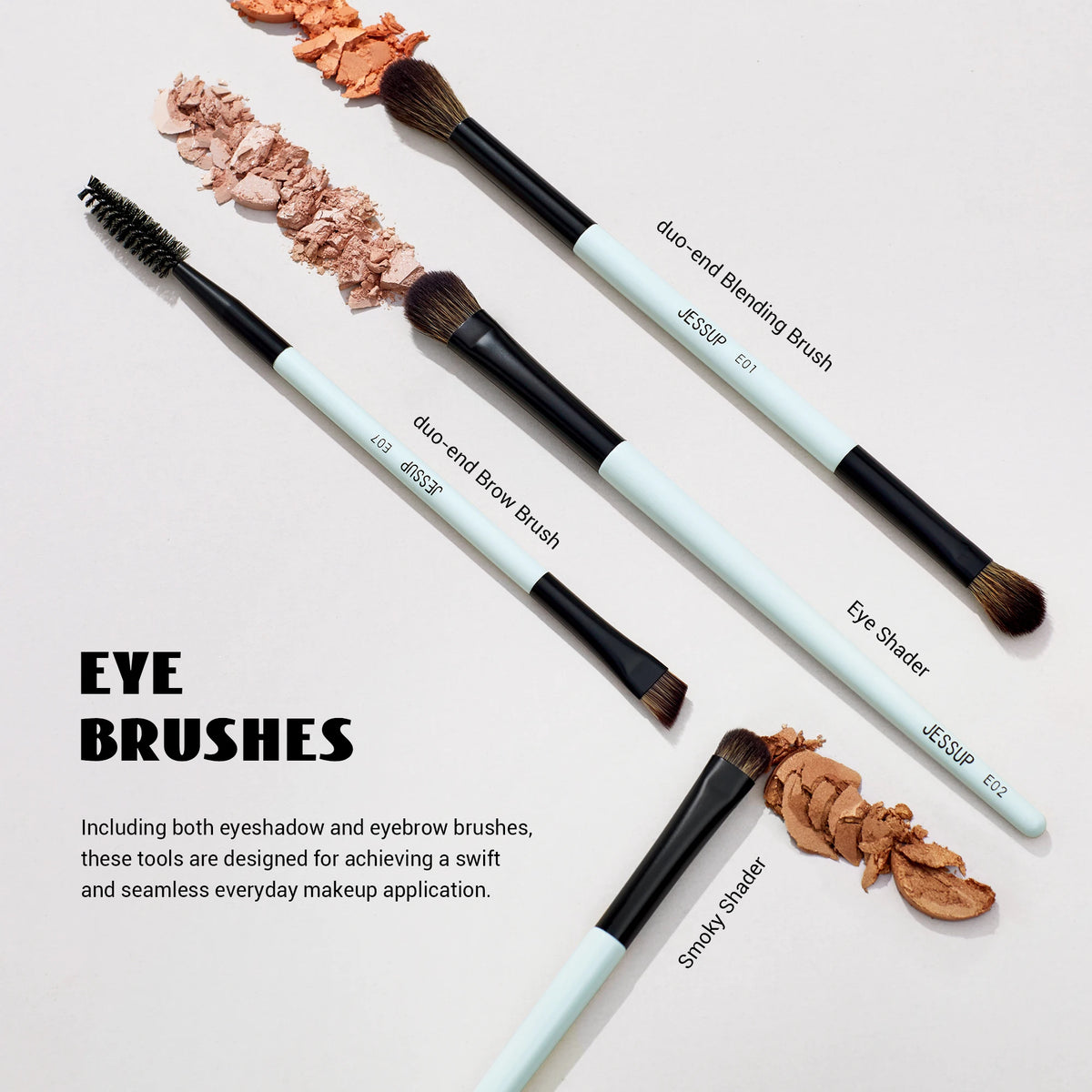 A set of six duo-end blending and eye shader makeup brushes with natural fiber bristles displayed on a light background.
