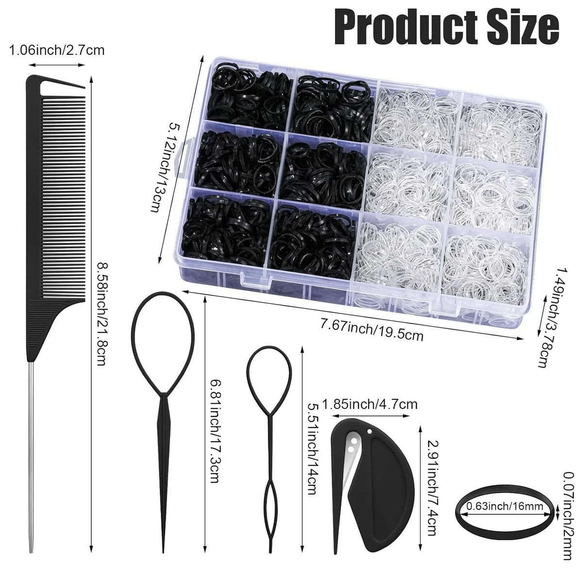 A set of 24-color hair ties for styling and braiding, including a comb and a clip.