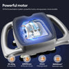 A silver deep tissue massage gun with a handle showing internal workings and massage depth specifications