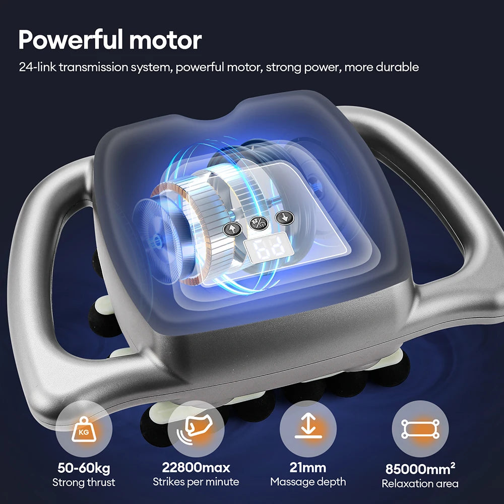 A silver deep tissue massage gun with a handle showing internal workings and massage depth specifications