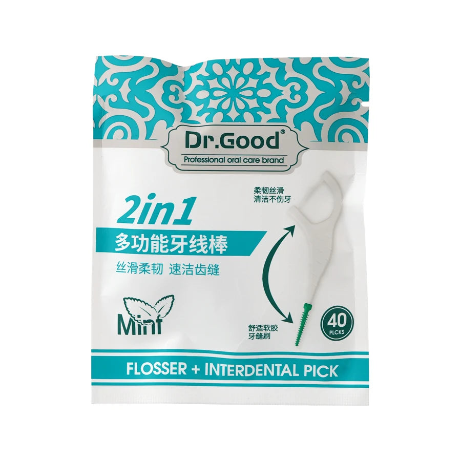 A package of Dr.Good 2-in-1 Flosser and Interdental Pick dental care tools.