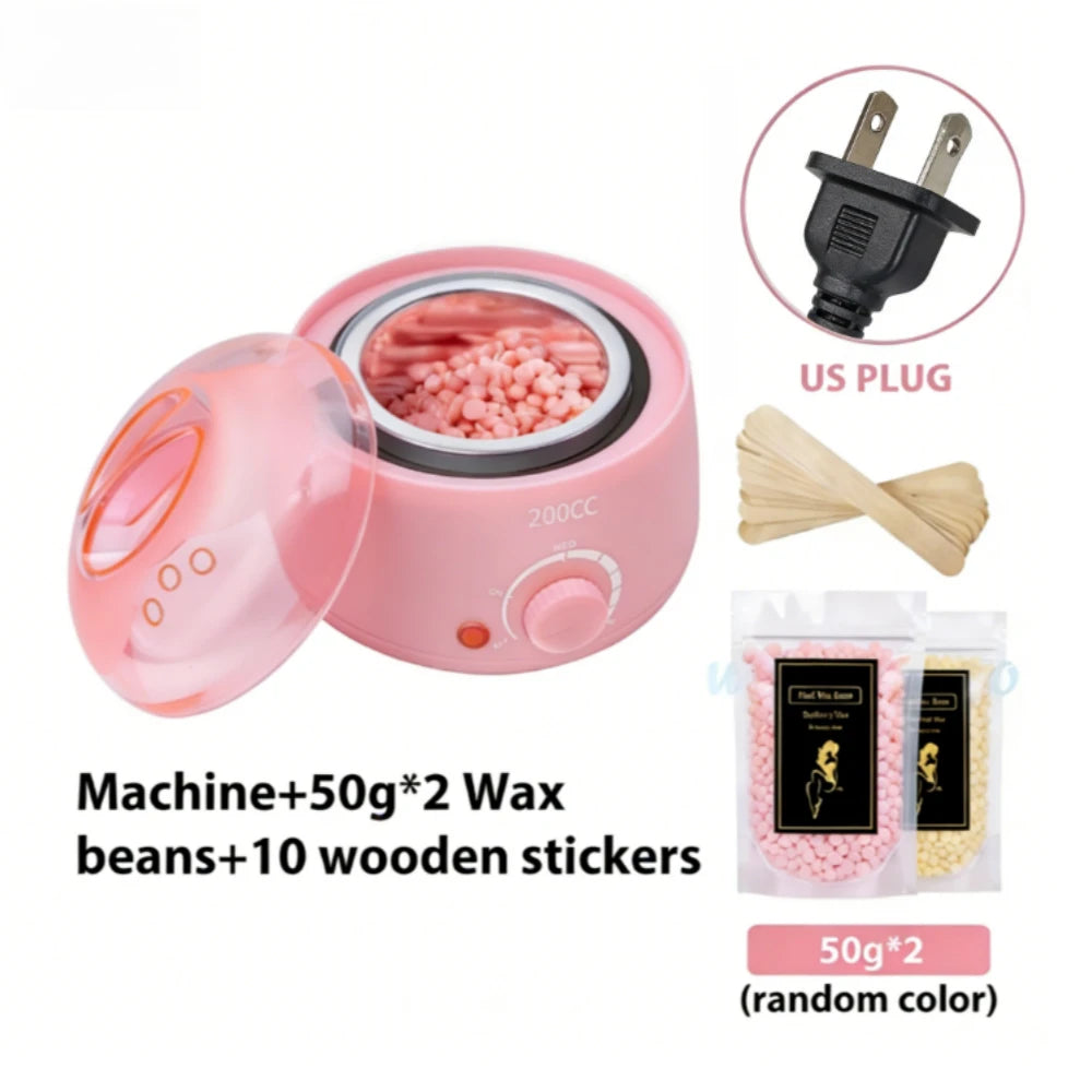 Rosa Paraffinwachs-Heizgerät mit Deckel, Wachsbohnen und Holzaufklebern.