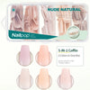 Una caja transparente con un kit de uñas de adhesivo 5 en 1 con varios tonos nude y rosa.