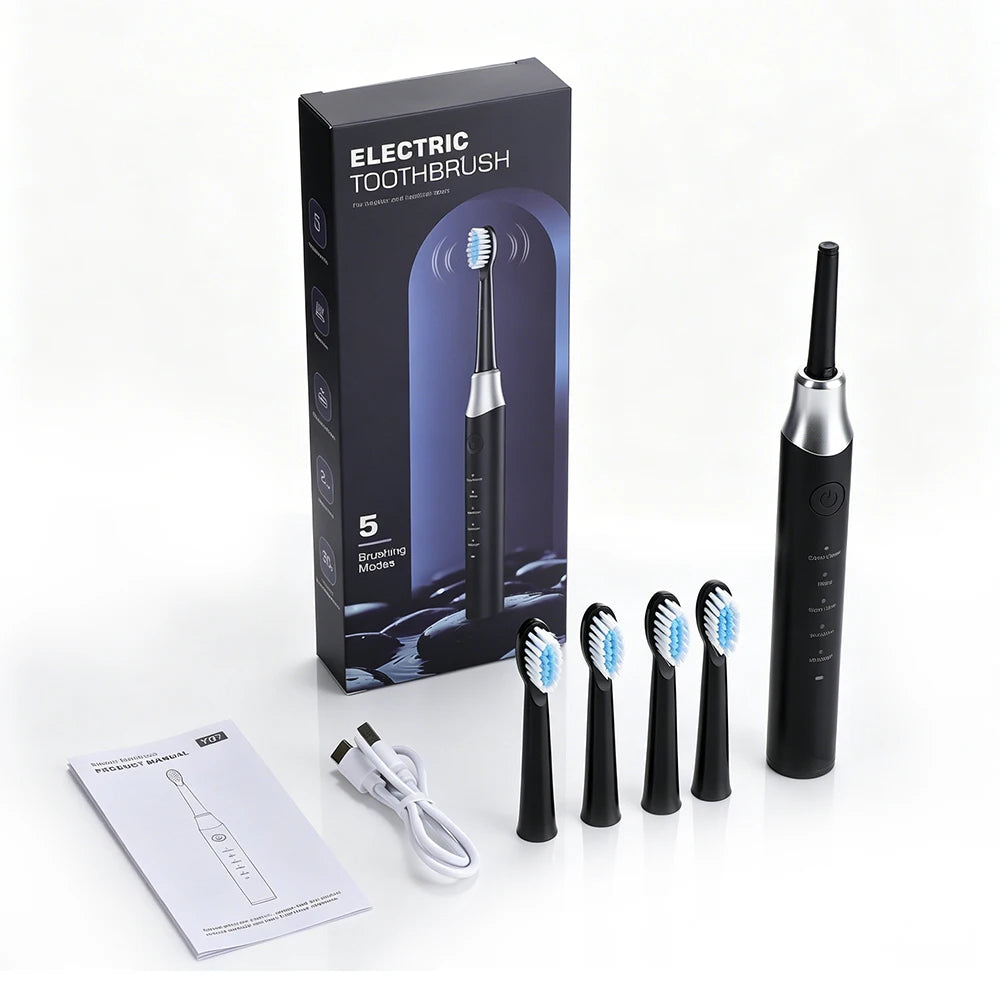 A black electric toothbrush set, including the handle and multiple brush heads, is displayed next to its packaging box.