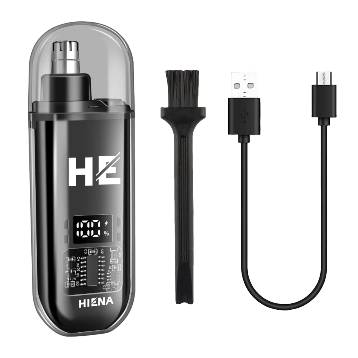 A black professional cordless hair clipper set with a charging base and a detachable grooming brush.