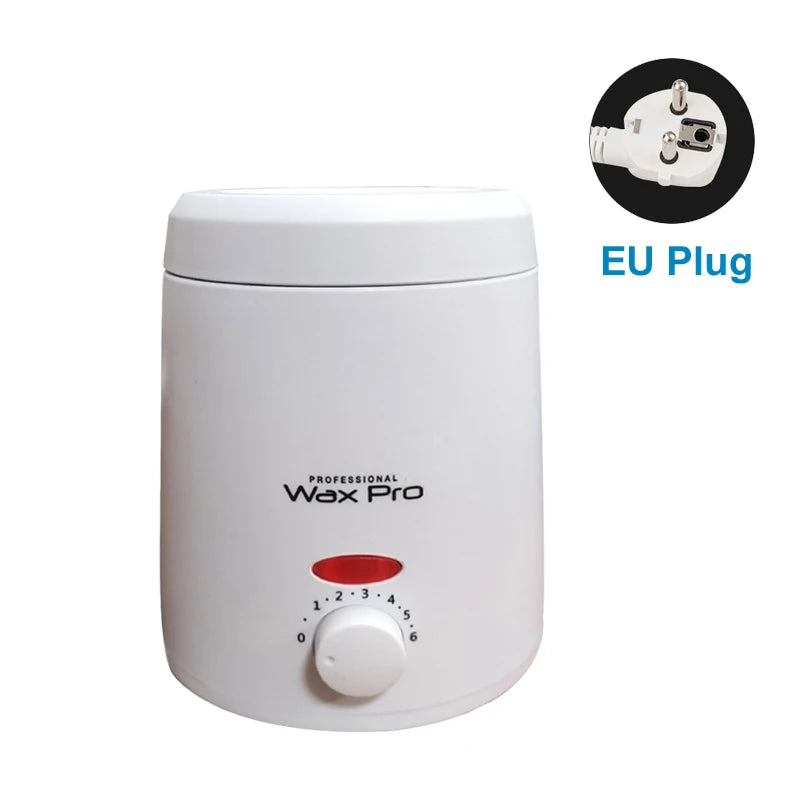 Weiße professionelle Wachsschmelzpfanne mit Drehregler und EU-Stecker neben dem Gerät.